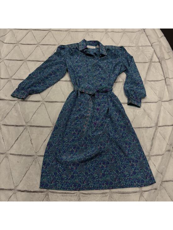 Dresses & Skirts - Vintage 80s shoulder pads Women's Blue Floral Shirt Dress Belt size 12
